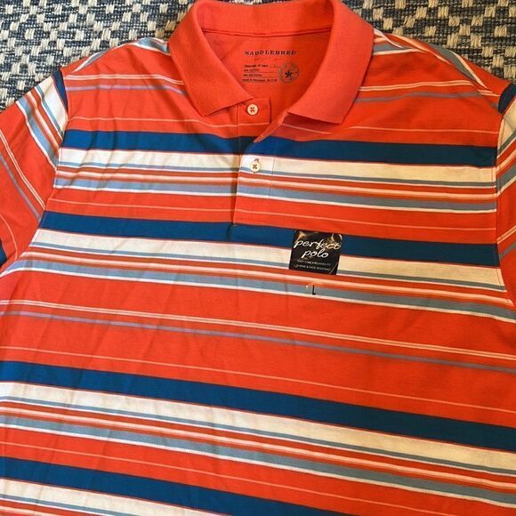 NWT Saddlebred Men’s Large Salmon Pink/Blues/White Striped Relaxed Fit Polo - Picture 2 of 9